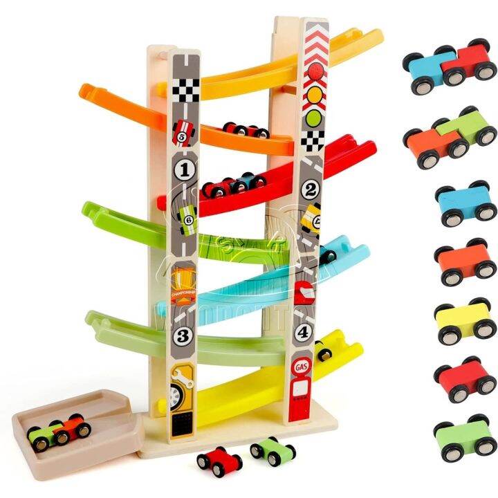 【COD】yaobangyu9bqz Wooden Car Ramp Racer Toy Set with 7 Level Rail