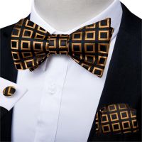 Men Classic Gold Black Plaid Wedding Party Self Tie Bow Tie Adjustable Men 39;s Silk Bowties Pocket Square Cufflinks Set DiBanGu