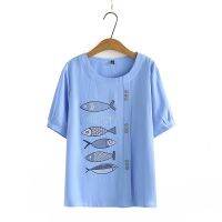 【มีไซส์ใหญ่】Plus Size Fish Embroidery Summer Tops Women Short Sleeve Full Cotton Shirts Oversized A-line Top