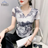 YIMEI เสื้อยืดผ้าตาข่ายไม่สม่ำเสมอแขนและเชือกผูกสั้นของผู้หญิงพิมพ์ลายย้อมเสื้อฤดูร้อน2023ใหม่เสื้อสวมหัวเข้ารูปพอดีย้อนยุคของผู้หญิงเสื้อยืดเด็กผู้หญิงเผ็ด