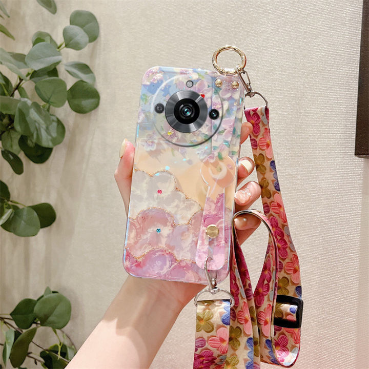 ปลอกอ่อน-realme11-pro-phone-case-เคส-realme-11-pro-plus-5g-เคสโทรศัพท์ภาพดอกไม้พิมพ์ลายน้ำมัน-rhinestone-บลูเรย์วินเทจพร้อมสายคล้องข้อมือ2023