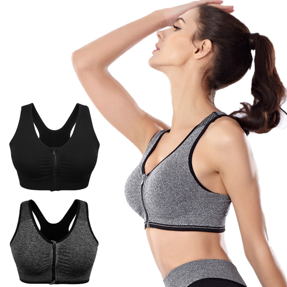 Women Wireless Padded Sports Bra Front Zip Yoga Cami Push Up Vest Support Top 