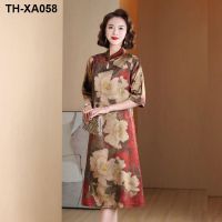 Middle-aged womens summer imitation silk printing buckle retro mid-length dress middle-aged and elderly mothers loose long