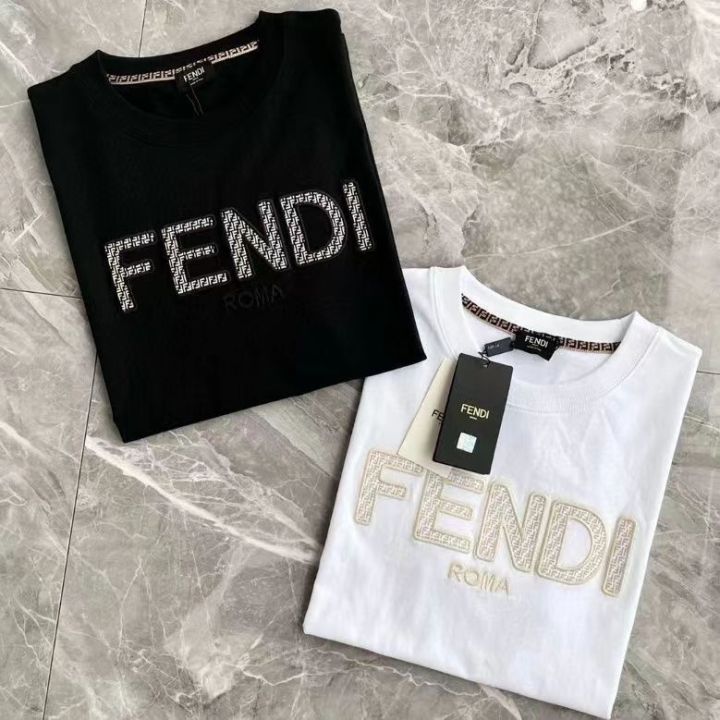 fendii-ใหม่เสื้อหน้าอกปักรอบคอตัวอักษรผ้าฝ้ายแขนสั้นแท้เสื้อยืดใช้ได้ทั้งชายและหญิงเสื้อลำลอง