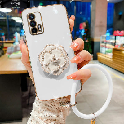 AnDyH For Realme GT 5G Case,Fashion Luxury Beautiful Girls Floral Stand + Hand Ring Simple Solid Color Plated Soft Phone Case