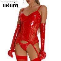 【CW】♂♛  Womens Floral Patent Leather Bustier Lace-up Back Mujer Adjustable Straps Camisole with Garter Thongs Briefs