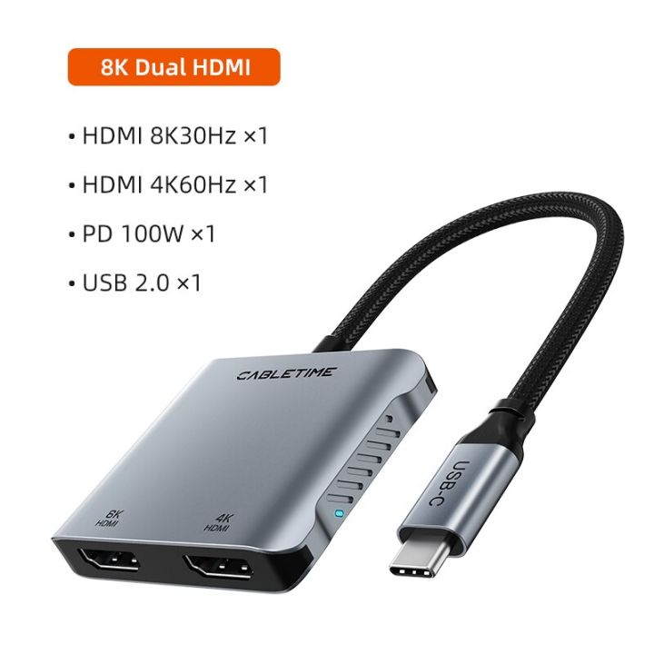 Cabletime 4 In 1 8k Usb C To Dual Hdmi Hub Mst Displayport 4k 60hz Dual Display Pd 100w For 3352