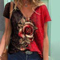 ▦ Women 39;s V Neck T Shirts Tee Fashion Print Y2k Oversized Shirt Female Camisa