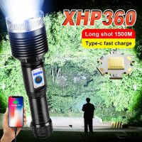 XHP360 Ful ไฟฉาย LED 18650 Batterys แสงแฟลช USB ไฟฉายชาร์จไฟได้โคมไฟปรับขยายได้สำหรับตั้งแคมป์