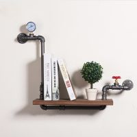 ■۩♟ Loft Retro Iron Wood Bookshelf Wall Mounted Storage Rack Water Pipe Partition Rack Art Kitchen Bedroom Bedside Wall Shelves Rack