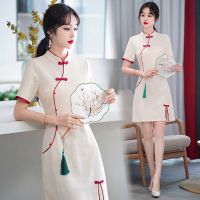 จีนดั้งเดิม Cheongsam รูปแบบใหม่ย้อนยุคบางแขนสั้น Qipao ลูกไม้ชุดผู้หญิงเสื้อผ้า CNY