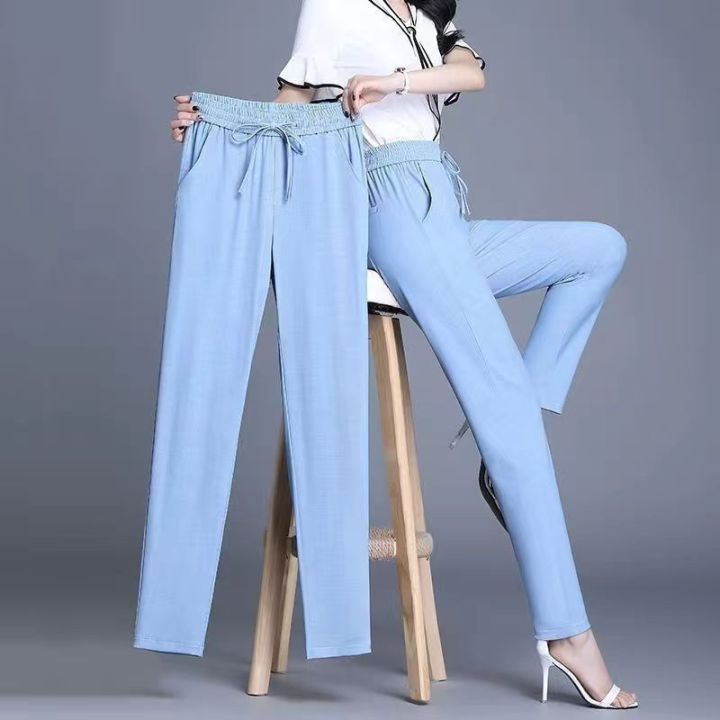 ผ้าไหมซาตินคร็อปแพนท์เอวสูงสำหรับผู้หญิงหลวงขนาดใหญ่กางเกงลำลองบางกางเกงฮาเร็มกางเกงขายาวสตรี