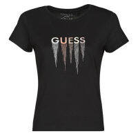 GUESS Gales เสื้อคอกลมแขนสั้นเข้ารูปลำลองสำหรับผู้หญิงเสื้อยืดนำเทรนด์เรียบง่ายสีดำสำหรับฤดูร้อน