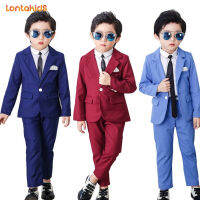 lontakids 2Pcs ชายเข้ารูปพอดี Dresswear ชุดสูทแจ็คเก็ตเสื้อ + กางเกงชุดเด็กชุดอย่างเป็นทางการสูทแขนยาวสีแดงเสื้อเด็กงานแต่งงานการแข่งขัน Speech เสื้อผ้า