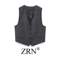 ZRN เสื้อกั๊กคอวีวินเทจสำหรับผู้หญิง,เสื้อกั๊กแขนกุดกระดุมแถวเดียวลายทางแฟชั่นสำหรับผู้หญิง