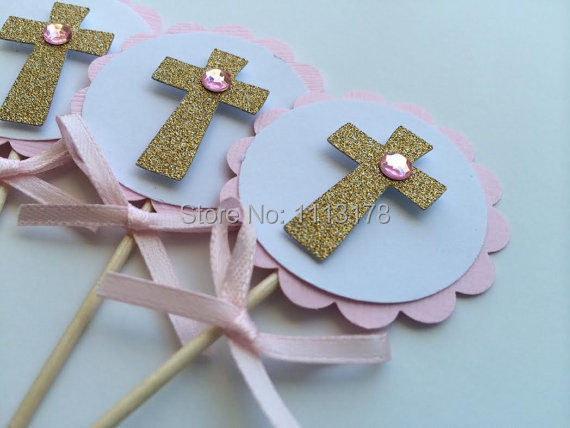 Pink and Gold Baptism Cupcake Toppers. First Communion, Confirmation, Christening wedding party cake topper