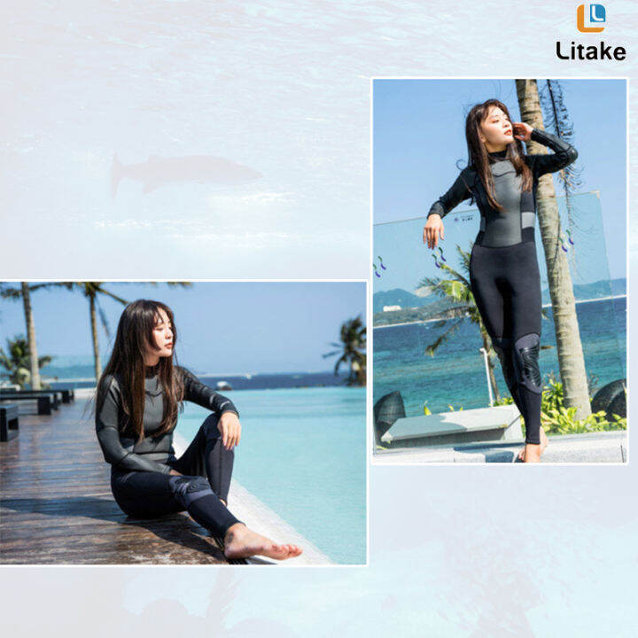 litake-ชุดดำน้ำเต็มรูปแบบสำหรับผู้หญิง-ชุดดำน้ำกระเป๋าเก็บความอบอุ่นชุดดำน้ำแบบนีโอพรีนชุดเอี๊ยมขาแห้งเร็วแบบรูดซิปแขนยาวชิ้นเดียวสำหรับผู้หญิง