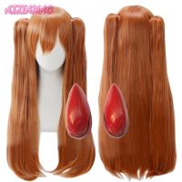 EVA Asuka Langley Soryu Wig Long Orange Heat Resistant Synthetic Hair Cosplay Wig With 2 Ponytail Clips Wigs + Red Hairpins