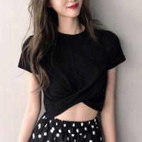 ♝✆✐ Hyuna exposed navel cross exposed navel discreet short-sleeved top high-waisted short jazz dance versatile internet celebrity t-shirt for women