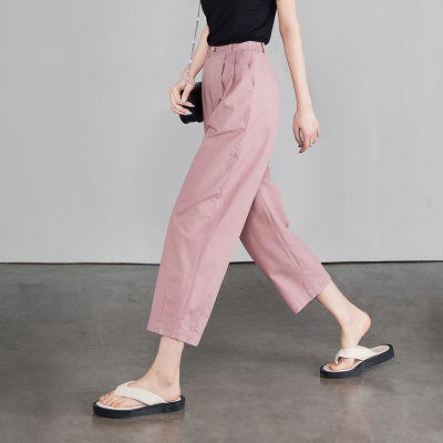 WhiteTime แฟชั่นทรงหลวมสำหรับผู้หญิงกางเกงขายาวใส่เล่นใหม่ฤดูร้อนโชว์ Pants301T2441บางกางเกงขาบานกว้างสีชมพูกางเกงเอวสูง