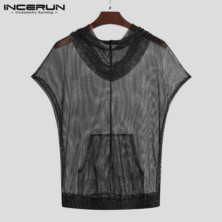 incerun-เสื้อผู้ชายแบบมีฮู้ดแขนสั้นทรงหลวมเสื้อเสื้อปาร์ตี้เสื้อ-ลดล้างสต๊อก