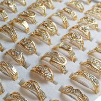 10Pcs Wholesale Lots Bulk Fashion Mixed Shiny Crystal Rings Jewelry Golden Color Finger Rings for Women Girls