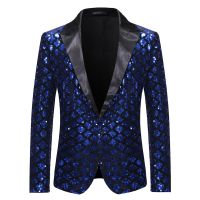 ZZOOI Shiny Royal Blue Sequin Glitter Blazer Men Party Nightclub Prom Mens Blazer Jacket DJ Nightclub Stage Singers Costume Homme XL