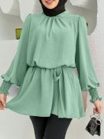 Women Autumn Blouse ZANZEA 2023 Stylish Muslim Top Belted Puff Sleeve Blusas Pleated Tunic Turkish Chemise Casual Islam Clothing