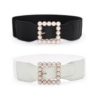 (ETX)Large Square Pearl Buckle Belt Wide Waist Belts Women Stretch Cummerbunds Lady Waistband For Blouse Dress Stretch Waist Seal