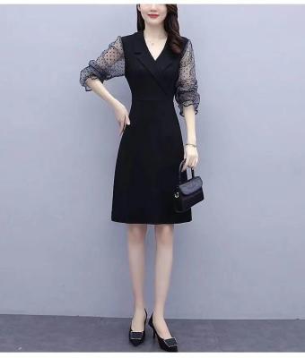 L-5xl Summer Women Dress Vintage Black Elegant Polka Dot Mesh Stitching Half-sleeved Suit Collar Plus Size Cocktail Dresses 1435