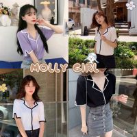 Mollygirl เสื้อไหมพรมpoloคอวีเล่นสีตัดขอบน่ารักลูกคุณ 9390