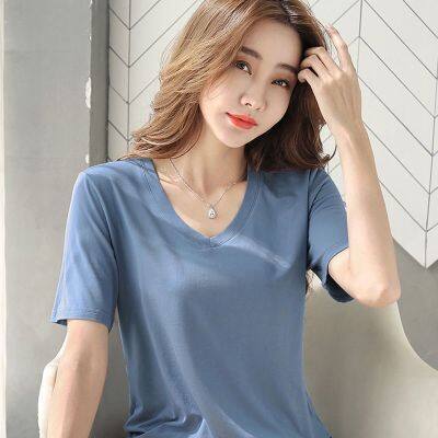 COD DSFDGDFFGHH 【40 75kg】T Shirt Women / T Shirt Plus Size / 8 Colors / M XXL / Thin Slim Modal V Neck Short-Sleeved T-Shirt / Solid Color Top / Large Size WomenS Clothing/Loose Bottoming Shirt