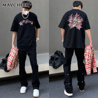 MAYCHEER   เสื้อยืดอเนกประสงค์พิมพ์ลายลายผ้าฝ้ายแขนสั้นตัวอักษรสำหรับชายและหญิงเสื้อแบบหลวมฤดูร้อน