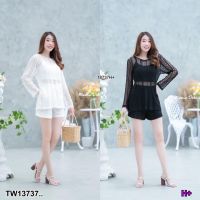 J18737 set 3 ชิ้น เสื้อสายเดี่ยว + เสื้อคลุมลูกไม้ + กางเกงลูกไม้ขาสั้น 3-piece set: tank top + lace top + lace shorts