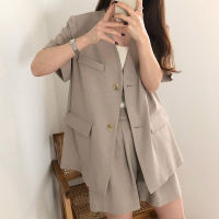 Korean Chic Temperament V-Neck Loose Two-Button Short-Sleeved Suit Jacket + High-Waist Casual Wide-Leg Pants Shorts Suit