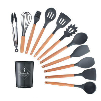 12PcsSet Silicone Kitchen Utensils Non-stick Pan Wooden Handle Cooking Gadgets Set Stainless Steel Storage Box Accessories Tool