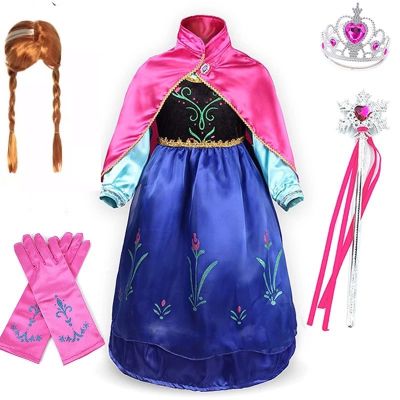 Elsa  Anna Princess Dress Snow Queen 2 Cosplay   Wig Kids Christmas Birthday Party Costume Baby Girl clothes Accessory