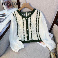 PEAR DODO เสื้อถักผ้าชีฟองสำหรับคอยาวแขนเสื้อสั้นกลมวินเทจลูกไม้โปร่งสำหรับผู้หญิงฝรั่งเศส