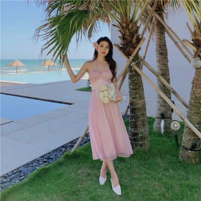 The new spring and summer seaside small pink strap dress fold closed show thin waist sea pure to long skirt