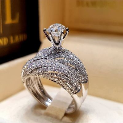 Elegant Silver Color Hip Hop Ring for Women Luxurious Inlaid White Zircon Stones Wedding Rings Set Bridal Engagement Jewelry