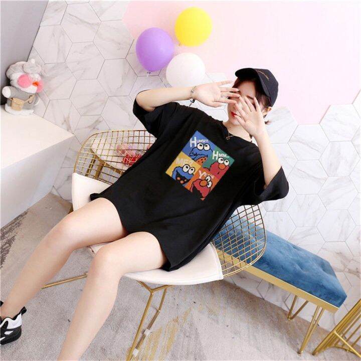 bloomylee-m-5xl40-150kg4colors-sesame-street-elmo-oversized-tee-womens-plus-size-t-shirt-large-round-neck-34-short-sleeves-big-loose-cartoon-printed-summer-tee-maternity-pregnancy-casual-top-fashion-b