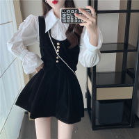 Autumn 3 Piece Set Women Sweet White Long Sleeve shirt + Black Velvet Golden Buttons Vest Top+High Waist Pleated Mini Skirt Suit