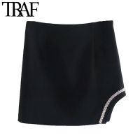 TRAF Women Chic Fashion Rhinestone Appliques Asymmetric Mini Skirt Vintage High Waist Side Zipper Female Skirts Mujer