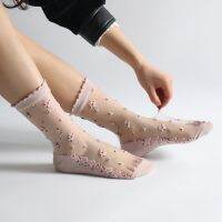 Calcetines Elástickos Ultrafinos Para Mujer Medias Cortas De Seda Encaje Transparente Con Cristales Flores Rosas โปร่งใส Verano