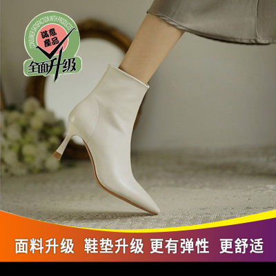 รองเท้าบูทสั้นส้นสูงสีน้ำตาลสำหรับผู้หญิง,รองเท้าบูทหนังแกะแท้กำมะหยี่ส้นเล็กหัวแหลมสีขาวหนังแกะส้นเข็ม WRD292