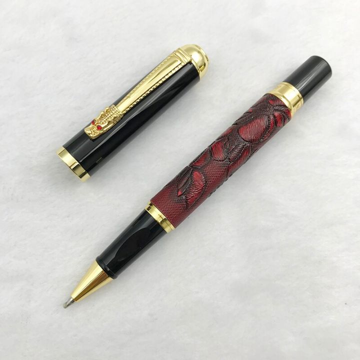 jinhao-dragon-rollerball-pen-gift-high-end-gold-dragon-clip-black-ink-refill-0-7mm-red-brown-emboss-ballpoint-pens-with-cap-1pc-pens