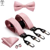 Hi-Tie Silk Jacquard Pink Mens Suspenders Set 4PC 6 Clips Male Braces Bowtie Hanky Cufflinks Y Back Straps for Wedding Business