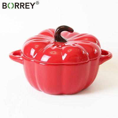 BORREY Soup Bowl Stew Pot Baby Porridge Bowl Ceramic Pumpkin Shape Binaural Baking Bowl With Lid Fruit Dessert Soup Container