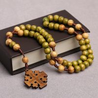 Retro Religious Jewelry Wooden Rosary Beaded Jerusalem Cross Pendants Necklace for Women Gifts