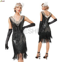 1920S Flapper ชุด Great Gatsby Black Vintage ชุด V คอลูกปัด Fringed Tassels ค็อกเทลพรหมงานแต่งงานชุดคอสเพลย์